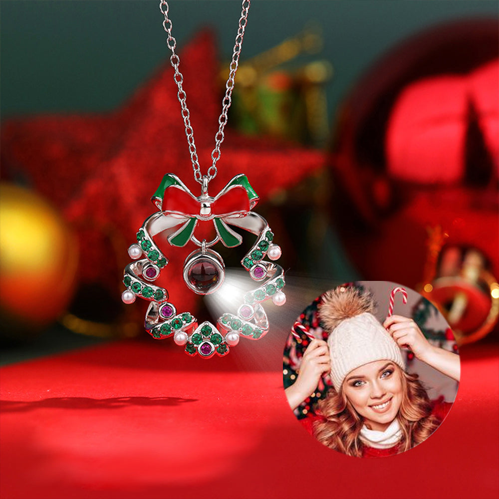 Custom Photo Necklace with Picture and Text Inside - Red Green Pearl Zircon Bow Wreath, Personalized Christmas Party Jewelry Gift