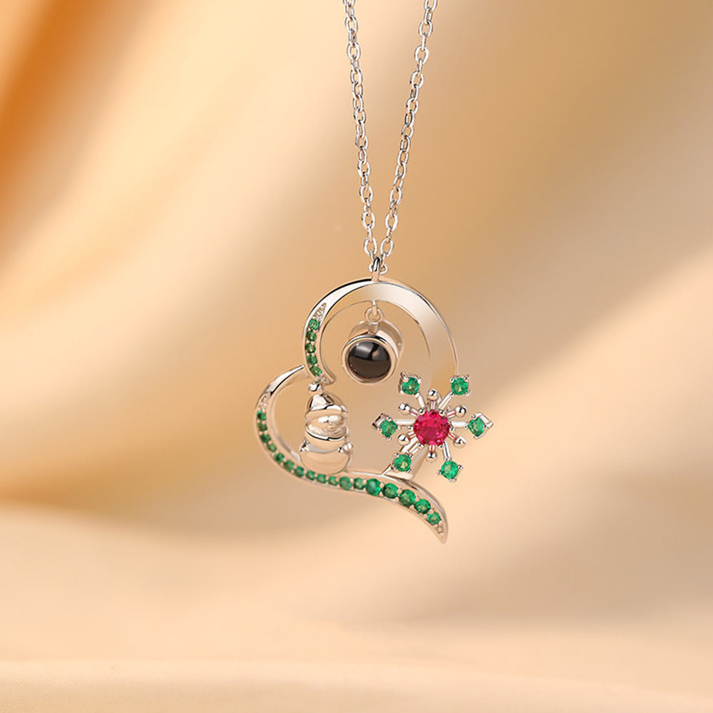 Custom Photo Heart Necklace with Picture and Text Inside - Red Green Zircon Snowman Snowflakes, Personalized Gift for Women Girl