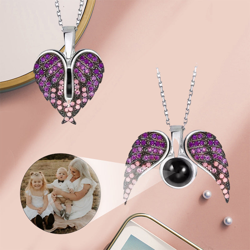 Personalized custom photo necklace - Heart-shaped wing pendant with a photo inside the stone, which can be unfolded