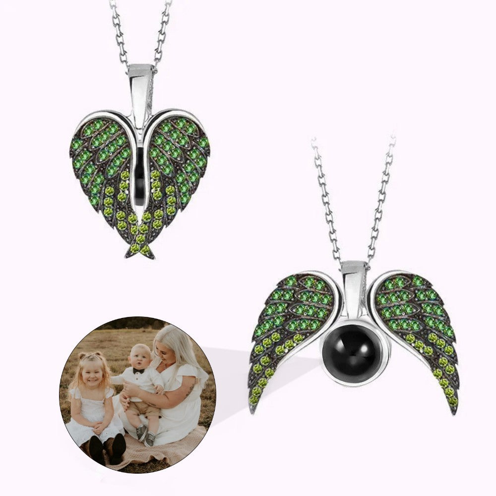 Personalized custom photo necklace - Heart-shaped wing pendant with a photo inside the stone, which can be unfolded