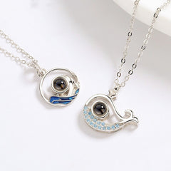 925 Silver Personalized Photo Projection Necklace with Image in Stone - Sea and Whale Fish for Couples BFF