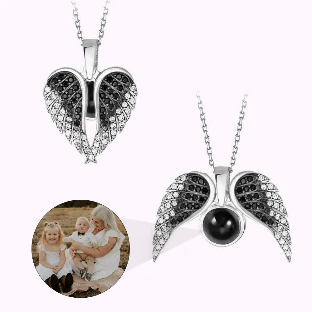 Personalized custom photo necklace - Heart-shaped wing pendant with a photo inside the stone, which can be unfolded