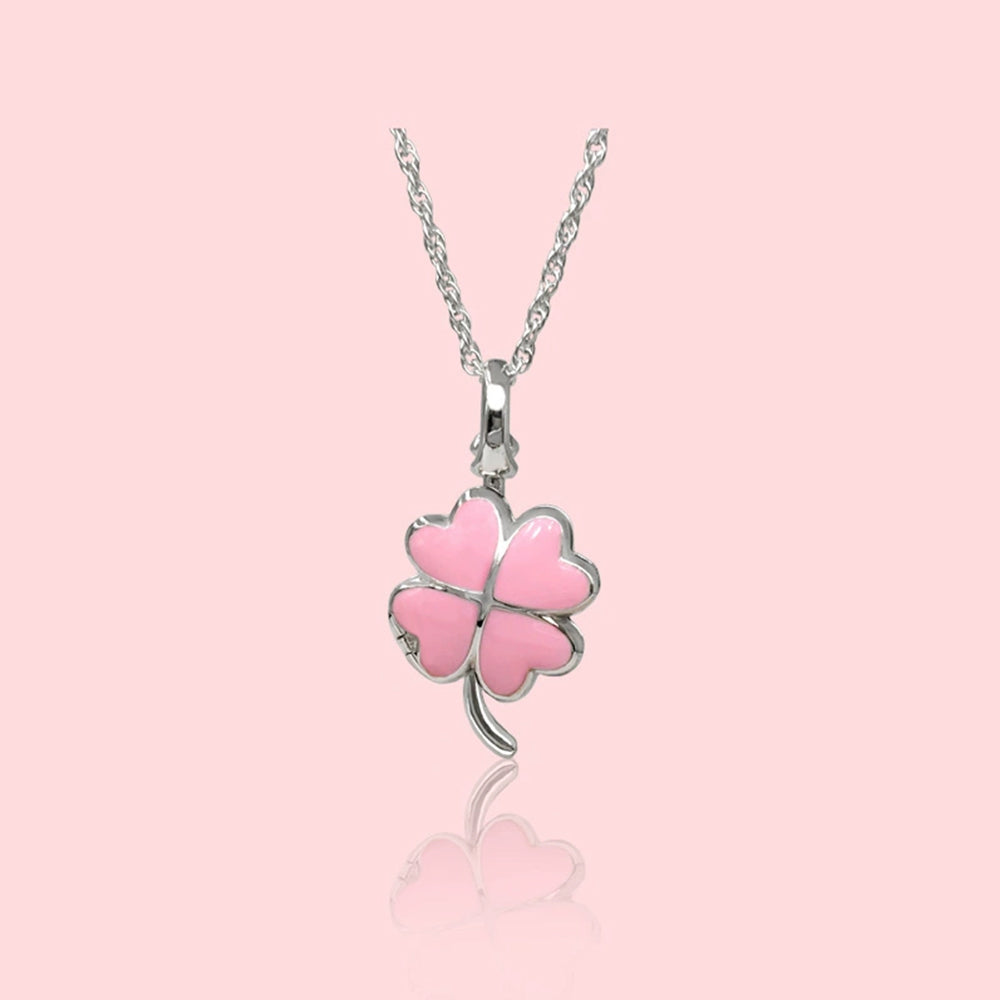 925 Sterling Silver Pink Enamel Four-Leaf Clover Photo Locket Necklace - Holds 2 Photos & Text,Elegant Gift for Her