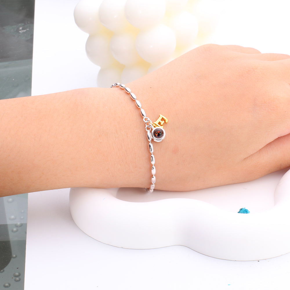 Silver Bead Bracelet with Picture Projection  – Letter and Round Pendant for Her