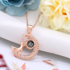 925 Silver Personalized Photo Projection Necklace for Women - Elegant Cats in Moon & Stars Pendant, a Gift for Cat Lovers