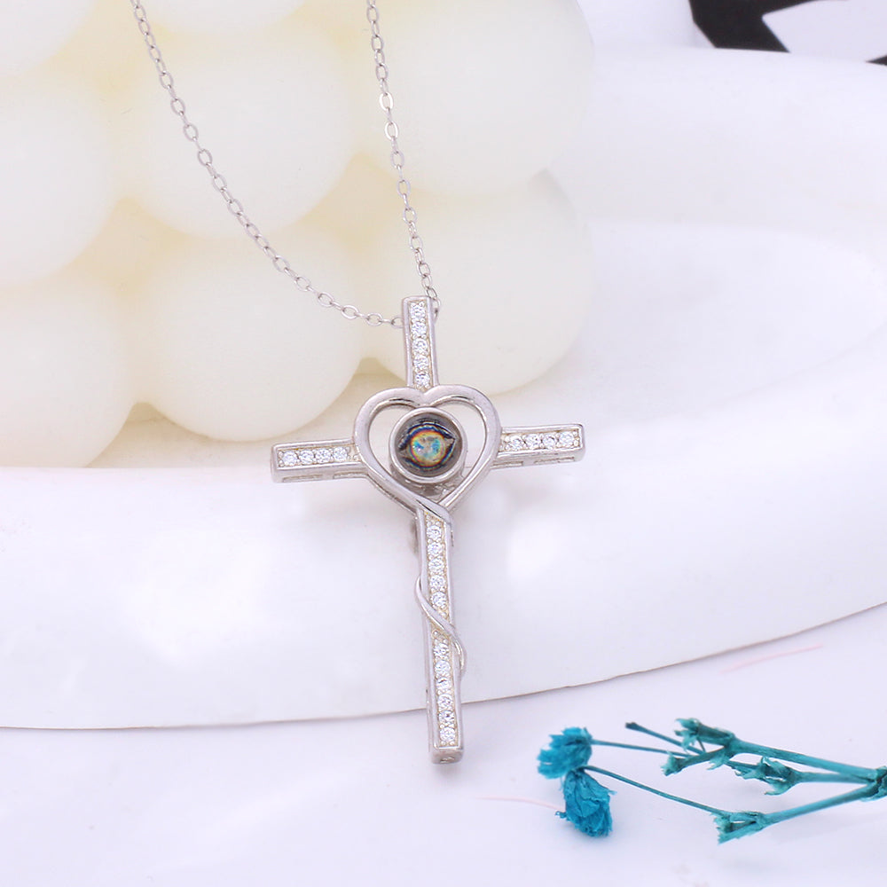 Personalized and custom necklace with a picture - A sterling silver cross with a heart in the middle for you