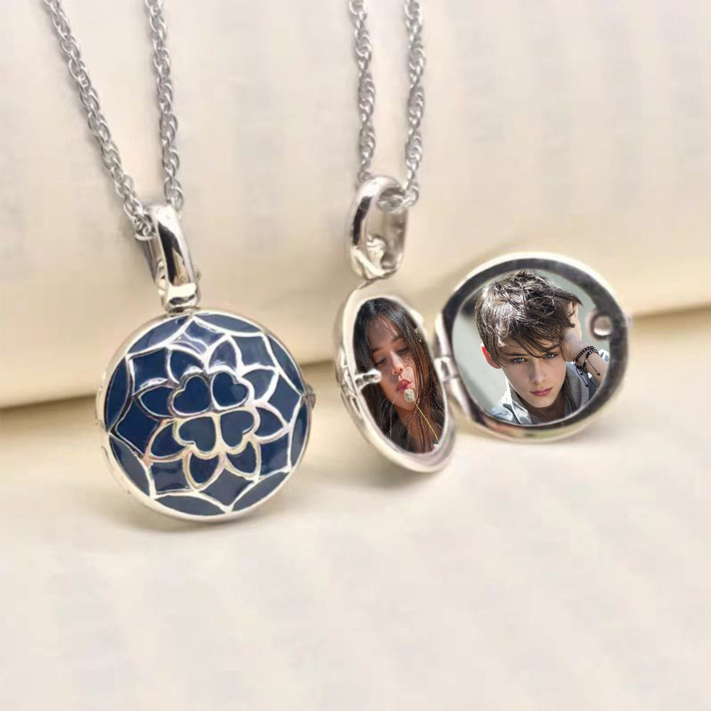 925 Silver Round Photo Locket Necklace - Enamel Four-Leaf Clover  Flower - Custom Resin Photo & Text - Personalized Anniversary Gift For Her