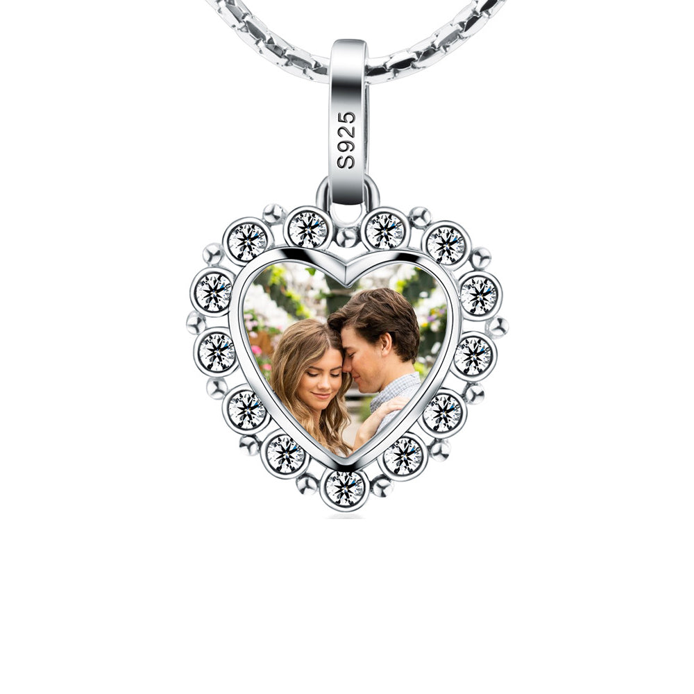 925 Silver Personalized Necklace with Photo - Heart Pendant with Cubic Zirconia Border, Custom Text on Back, Perfect Holiday Gift for Girlfriend, Wife, or Mother