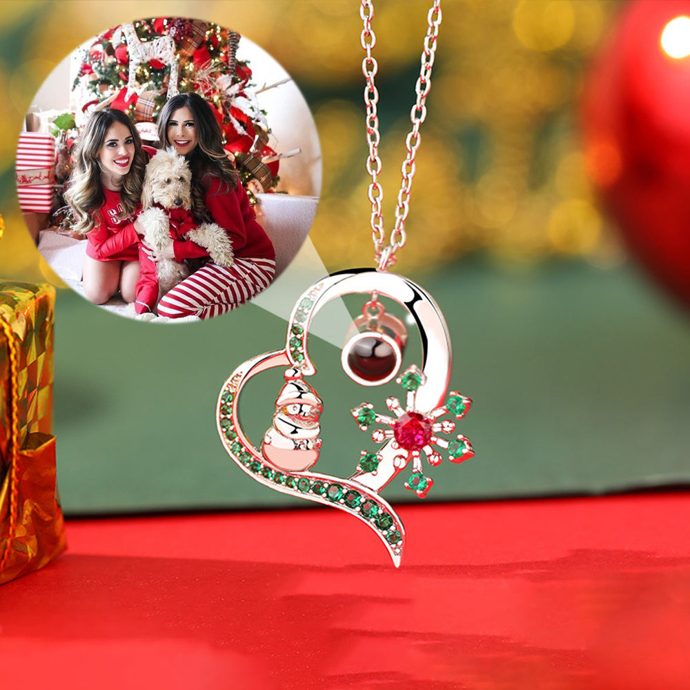 Custom Photo Heart Necklace with Picture and Text Inside - Red Green Zircon Snowman Snowflakes, Personalized Gift for Women Girl