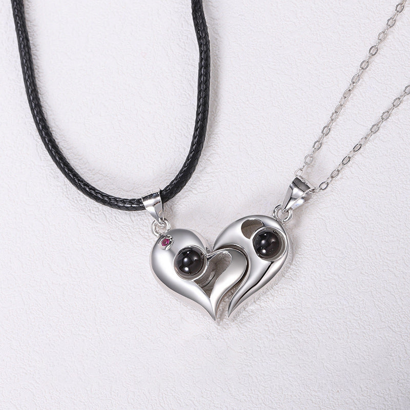 925 Silver Personalized Photo Projection Necklace with Picture Inside - Magnetic Heart Couple Necklace [Bonus Black Chain]