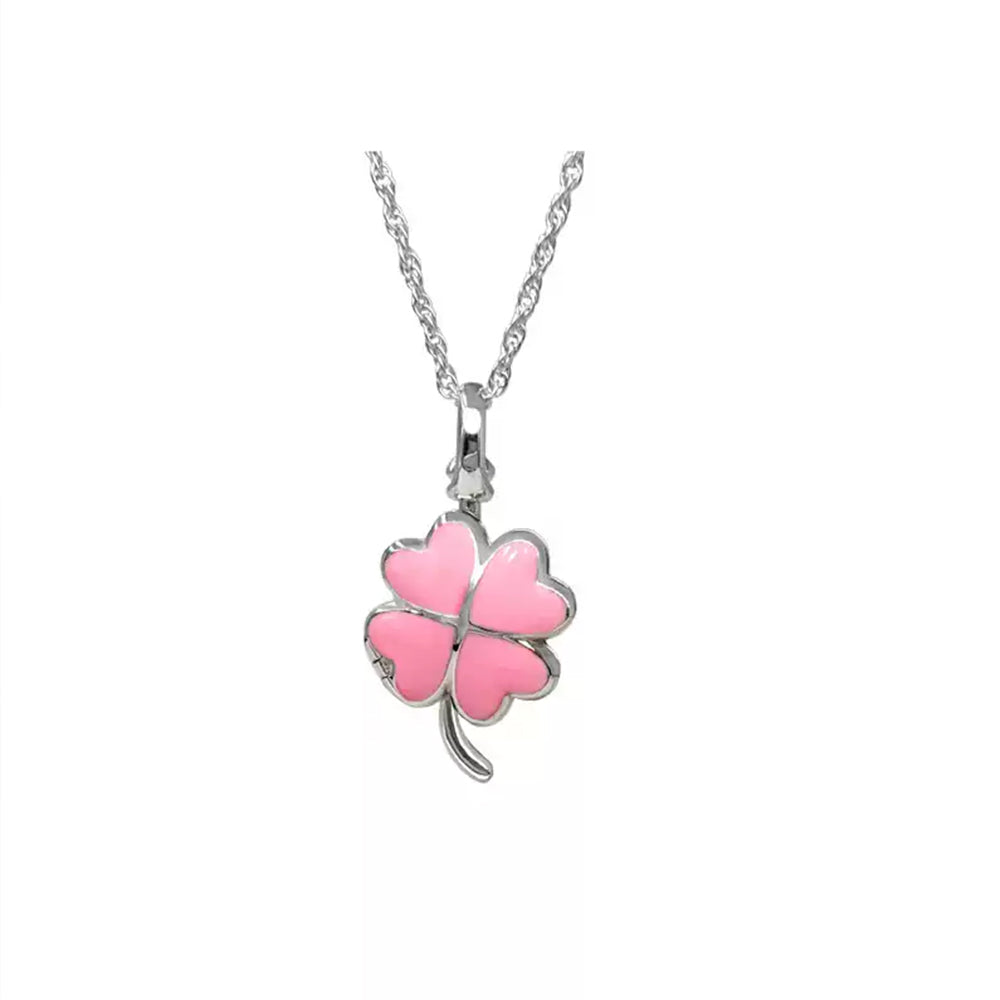 925 Sterling Silver Pink Enamel Four-Leaf Clover Photo Locket Necklace - Holds 2 Photos & Text,Elegant Gift for Her