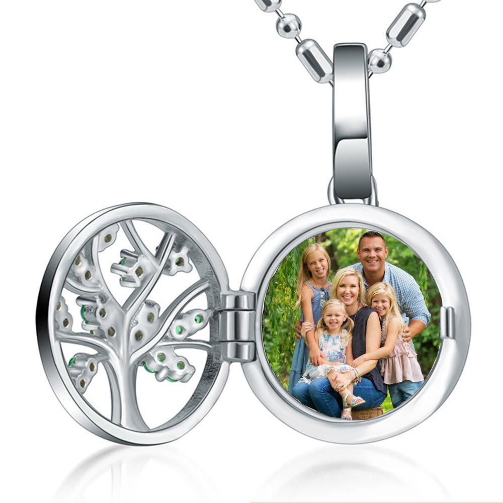 925 Silver Personalized Locket Necklace with Photo - Openable Tree of Life Pendant with Green Crystal, Perfect Christmas Gift for Girlfriend, Wife, or Mother