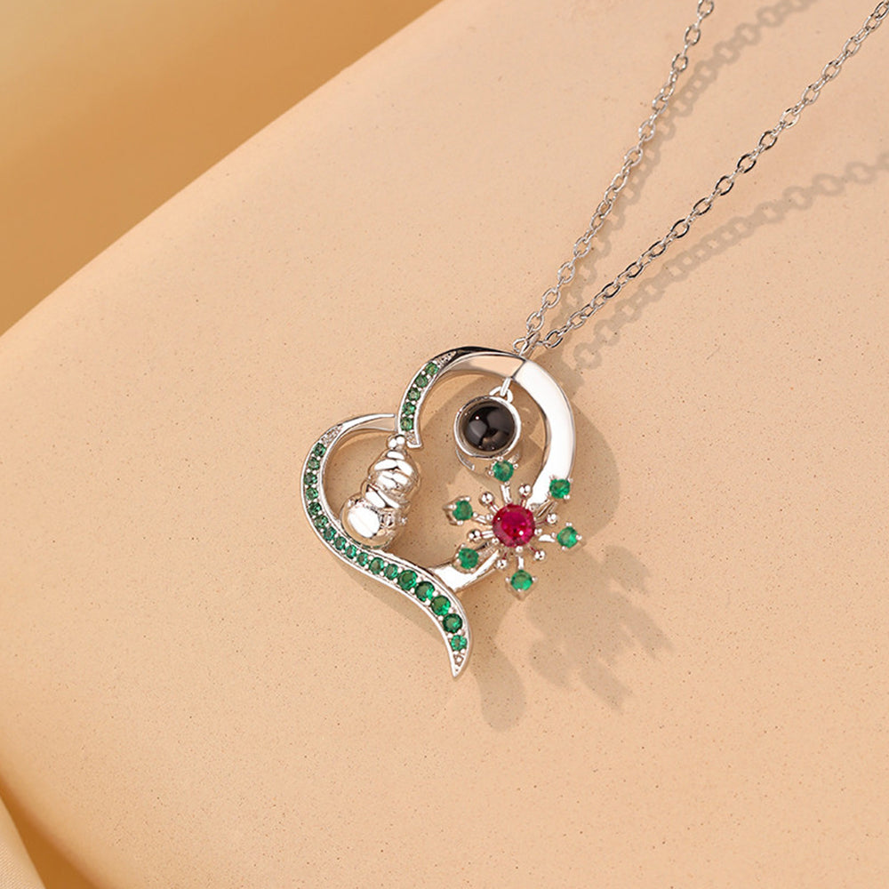 Custom Photo Heart Necklace with Picture and Text Inside - Red Green Zircon Snowman Snowflakes, Personalized Gift for Women Girl