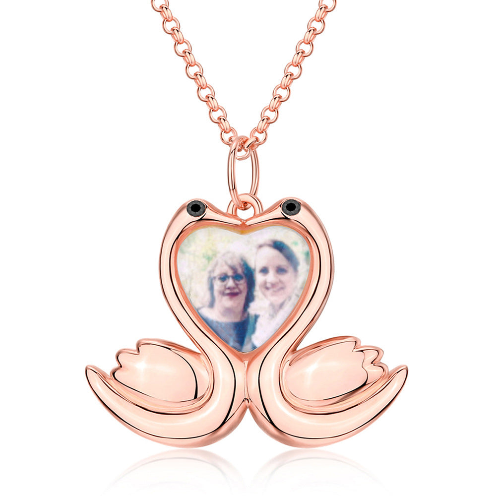 925 Silver Custom Picture Necklace with Engraving - Heart Pendant with Two Swans, Perfect Holiday Gift for Girlfriend, Wife, or Mother