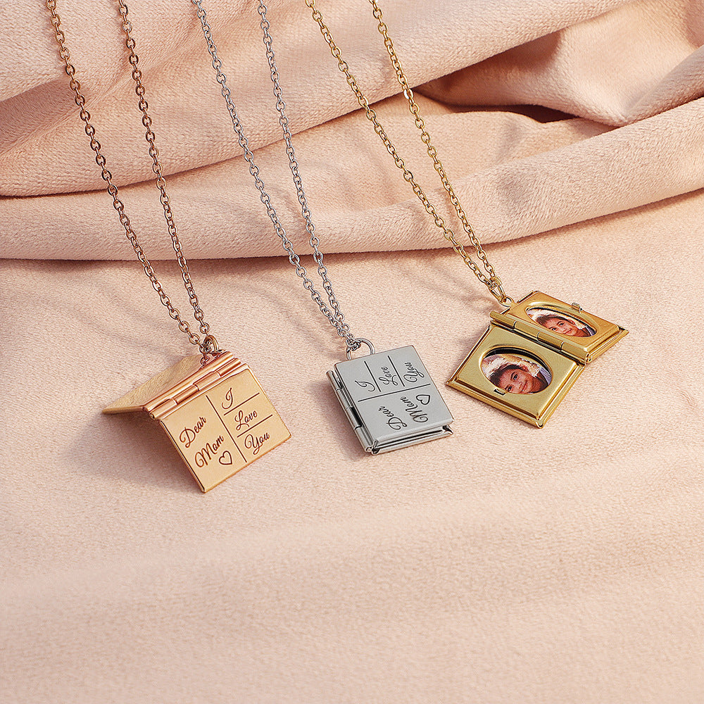 Square Book Locket Necklace – Custom 2 Photos & Text, Secure Closure, Choose Chain Length, Personalized Memory Gift