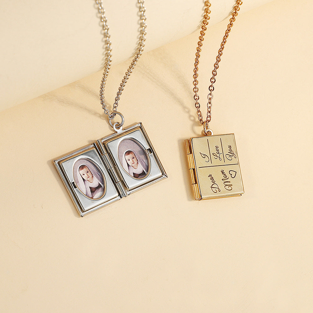 Square Book Locket Necklace – Custom 2 Photos & Text, Secure Closure, Choose Chain Length, Personalized Memory Gift