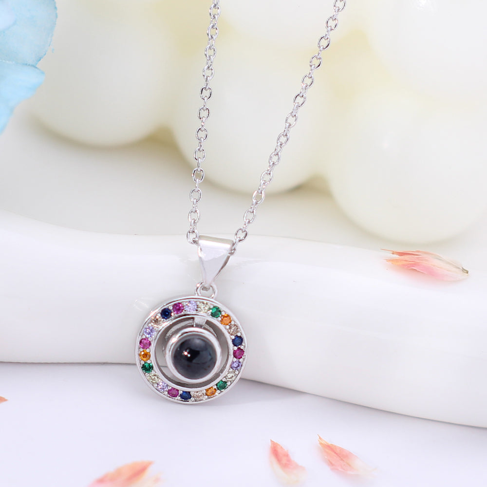 personalized silver Necklace with picture Word Inside - Colorful circle Pendant, Memory Gifts for women