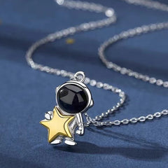 Custom Silver Couple Necklaces with Photo & Word Inside - Astronaut Moon Stars, Personalized Gift for Lover or BFF