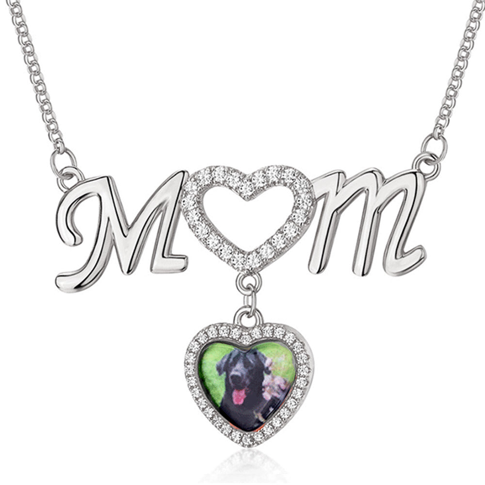 925 Silver Custom Photo Necklace with Engraving - Heart Pendant with 'Mom' Lettering