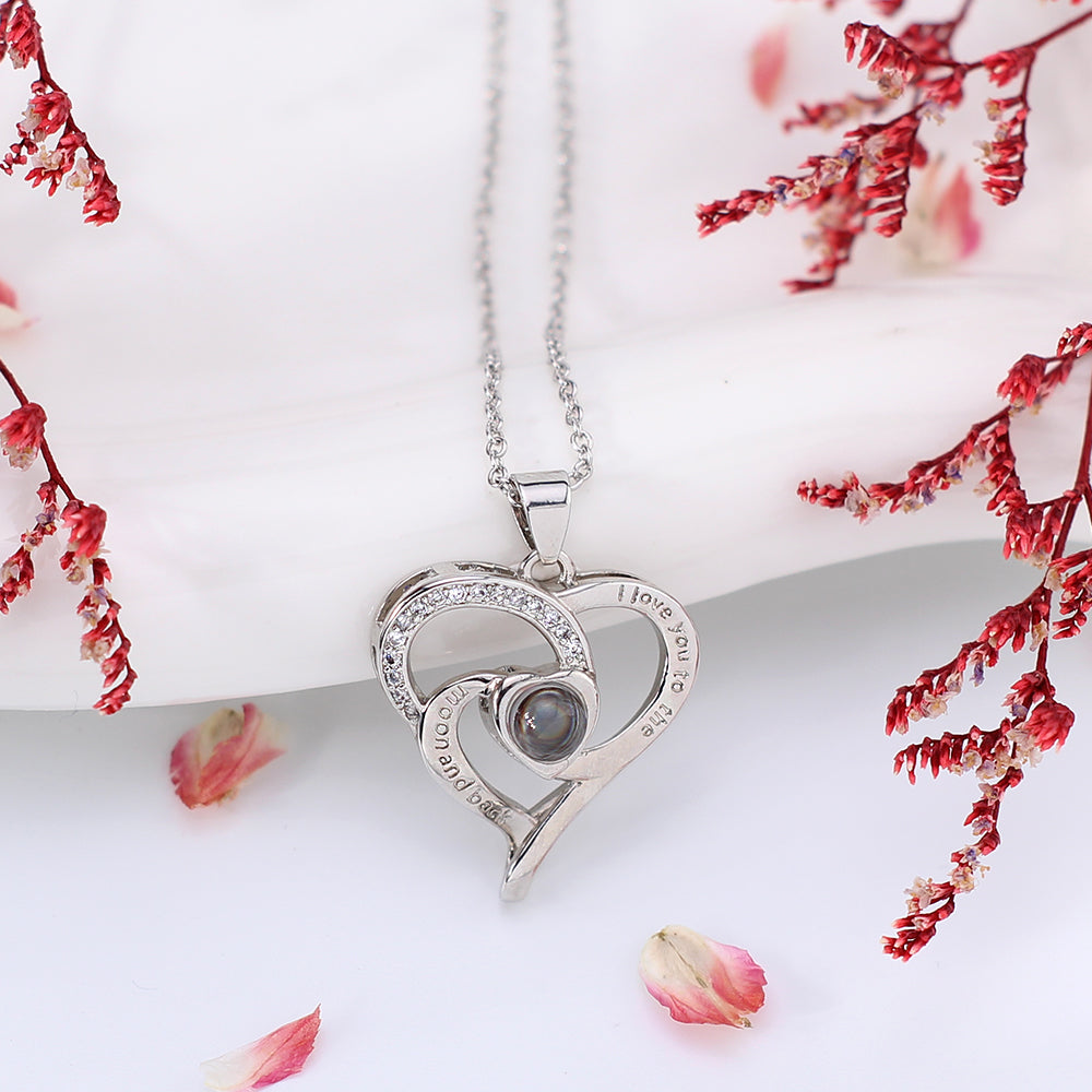 Custom 925 Silver Projection Necklace with Photo Word Inside - Rotating heart Pendant, Memory Gift for Women