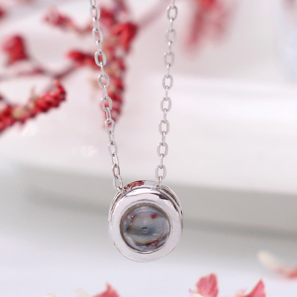 Custom 925 Silver Photo Projection Necklace with photo word Inside - Simple Round Pendant Memory Gifts