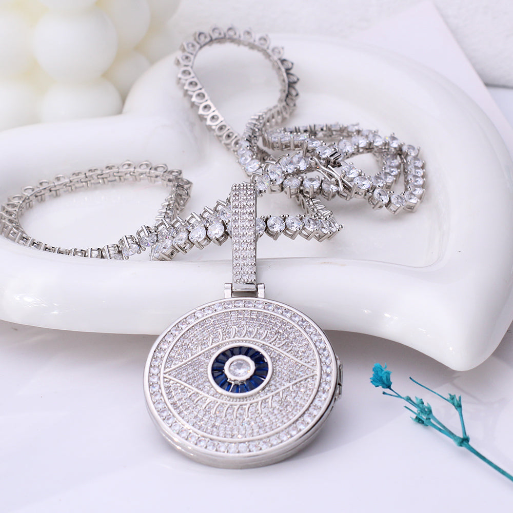 Personalized Locker Necklace with Photo - Hip-Hop Style Round Pendant with Zircon, Engravable Back