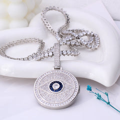 Personalized Locker Necklace with Photo - Hip-Hop Style Round Pendant with Zircon, Engravable Back