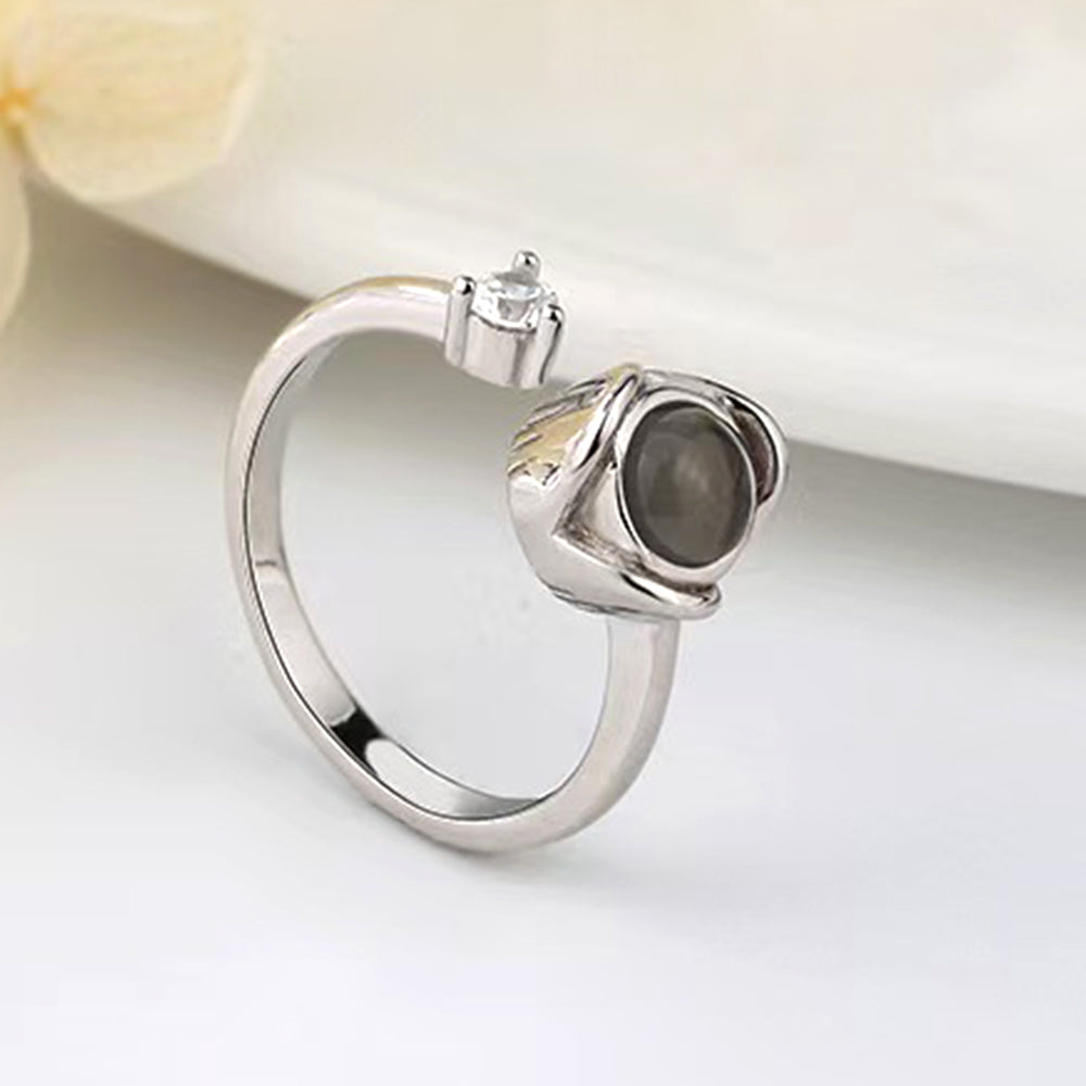 925 Silver Personalized Photo Ring - Open Rose Ring with Picture and Words, Zirconia - Couple Gift