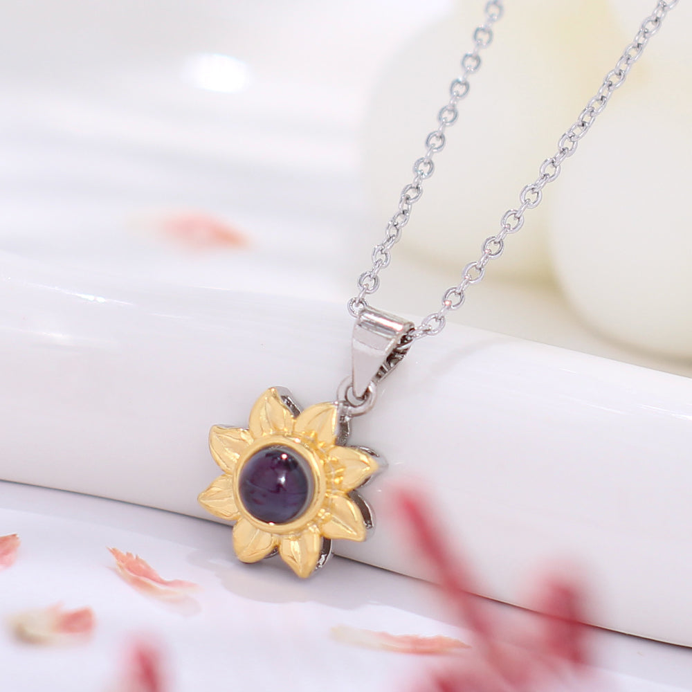 custom silver Necklace with photo & word Inside - gold Sunflower Sun Pendant, personalised gifts