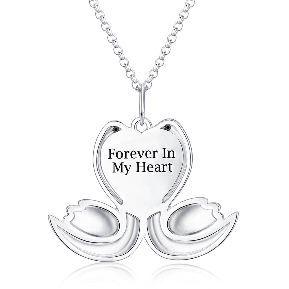 925 Silver Custom Picture Necklace with Engraving - Heart Pendant with Two Swans, Perfect Holiday Gift for Girlfriend, Wife, or Mother