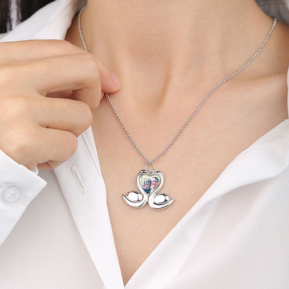 925 Silver Custom Picture Necklace with Engraving - Heart Pendant with Two Swans, Perfect Holiday Gift for Girlfriend, Wife, or Mother