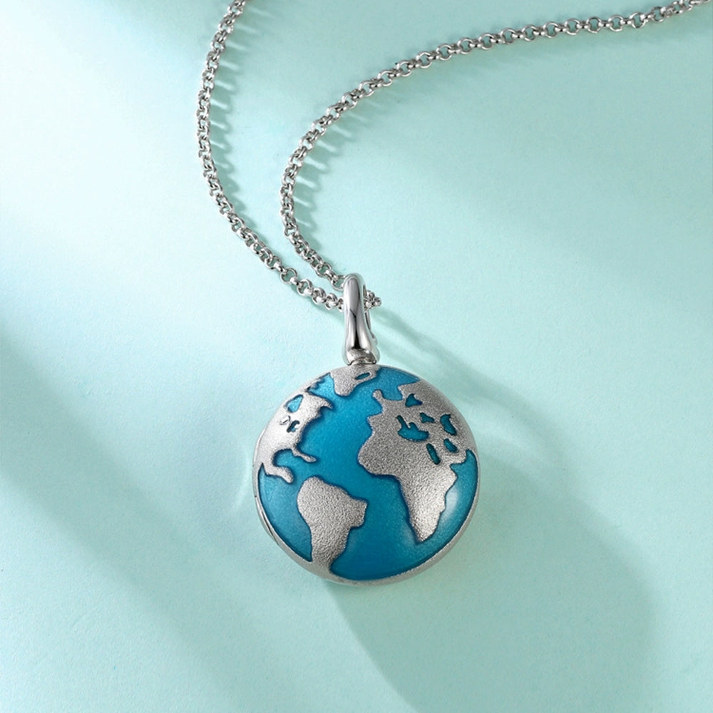 Custom 925 Silver World Map Locket Necklace with Photo & Text, Blue Gold Earth Pendant, Travel Memory Gift for Women Men – "My Whole World"