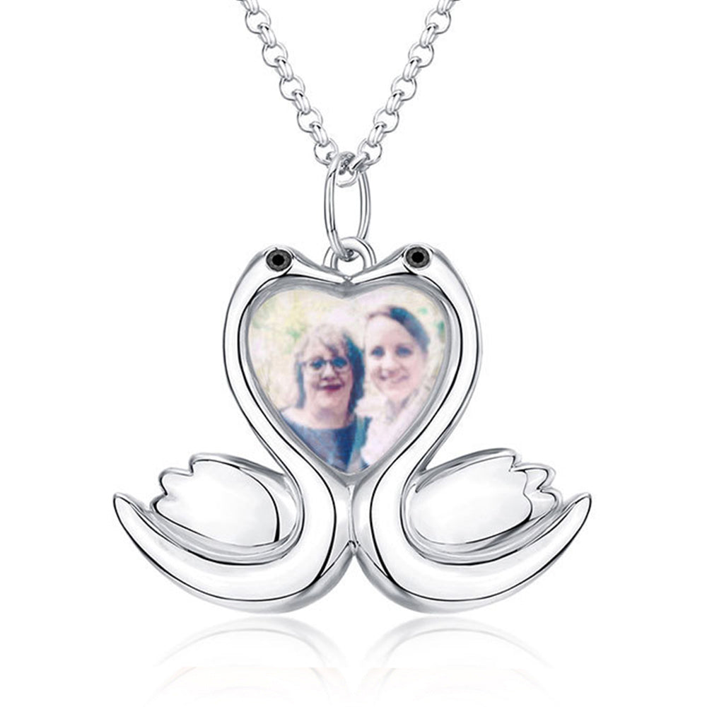 925 Silver Custom Picture Necklace with Engraving - Heart Pendant with Two Swans, Perfect Holiday Gift for Girlfriend, Wife, or Mother