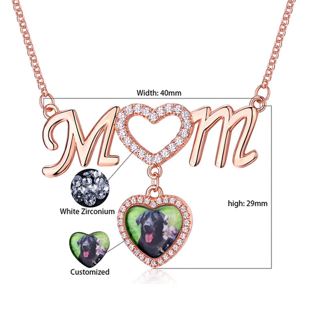 925 Silver Custom Photo Necklace with Engraving - Heart Pendant with 'Mom' Lettering