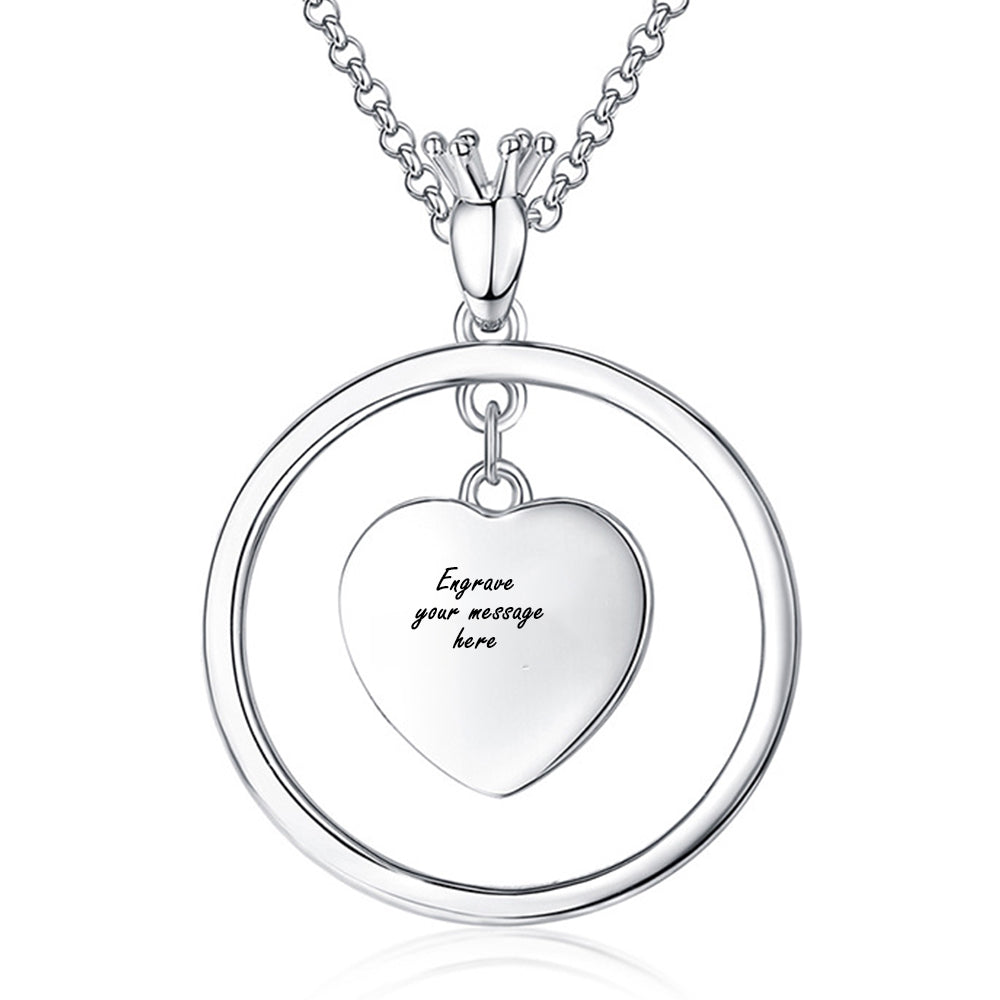 925 Silver Custom Necklace with Photo - Heart Pendant with Zirconia-Embedded Circle and Custom Engraving on the Back