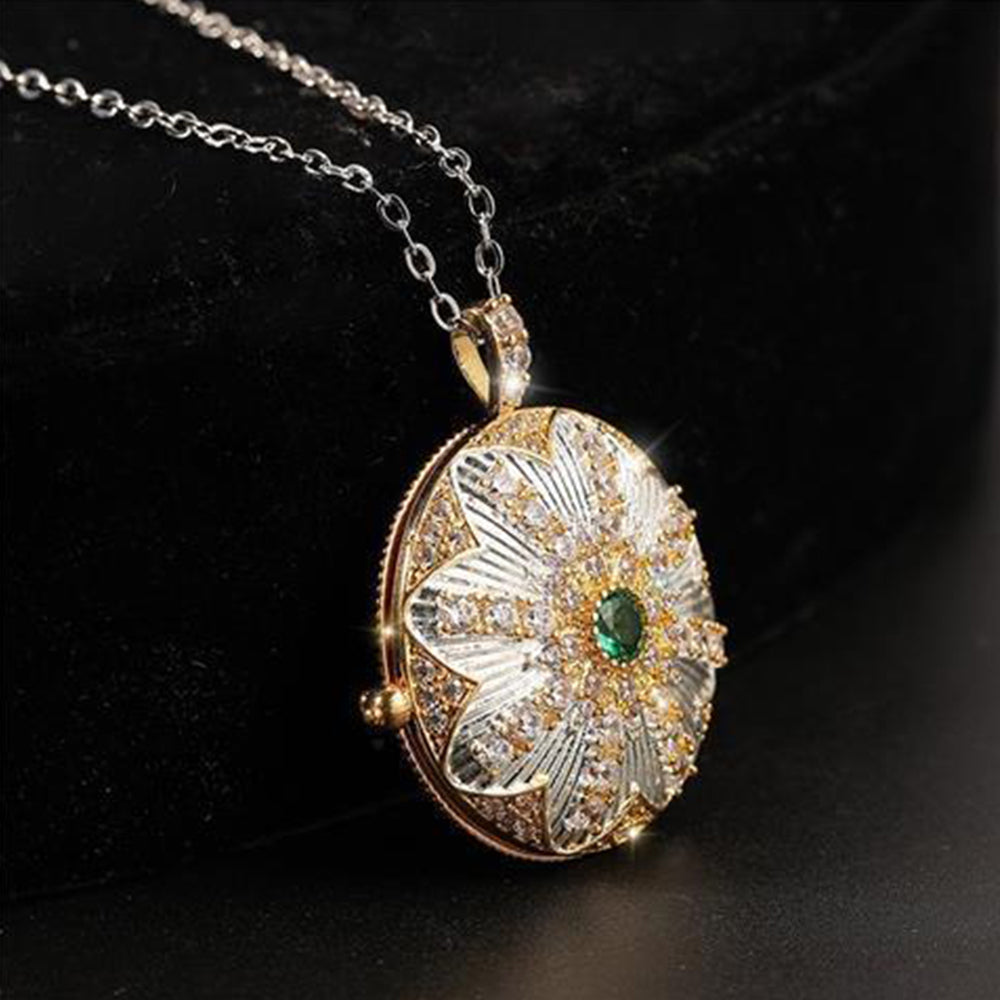 18K Gold Plated Round Photo Locket Necklace - Vintage Sunflower with Zircon, Holds 2 Photos,Elegant Gift for Her