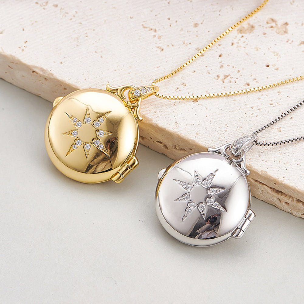 Custom 925 Silver Round Photo Locket Necklace with Eight-pointed Star & Woman's Portrait,Anniversary Gifts for Her