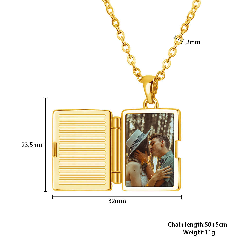 Gold Envelope Photo Locket Necklace,Book-Style Album Pendant, Custom Photo,Valentine's & Christmas Gift for Her