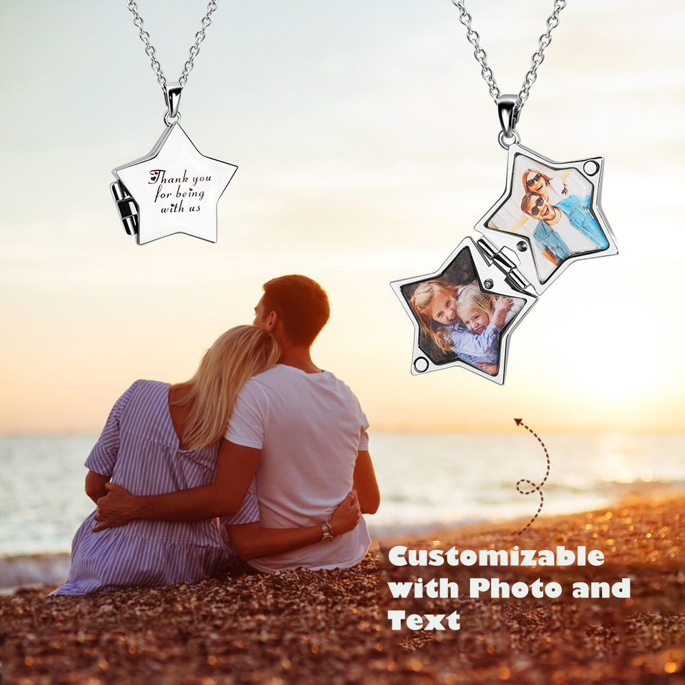 Custom Photo & Text Locket Necklace | Star or Square Pendant,Opens to Store Memories | Personalized Gift for Loved Ones