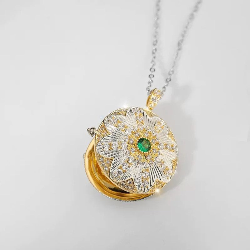 18K Gold Plated Round Photo Locket Necklace - Vintage Sunflower with Zircon, Holds 2 Photos,Elegant Gift for Her