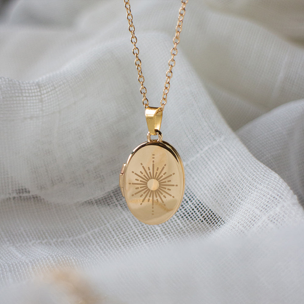 Gold Plated Oval Photo Locket Necklace Custom Photos & Text, Sun Moon Evil Eye,Memory Gifts for Her