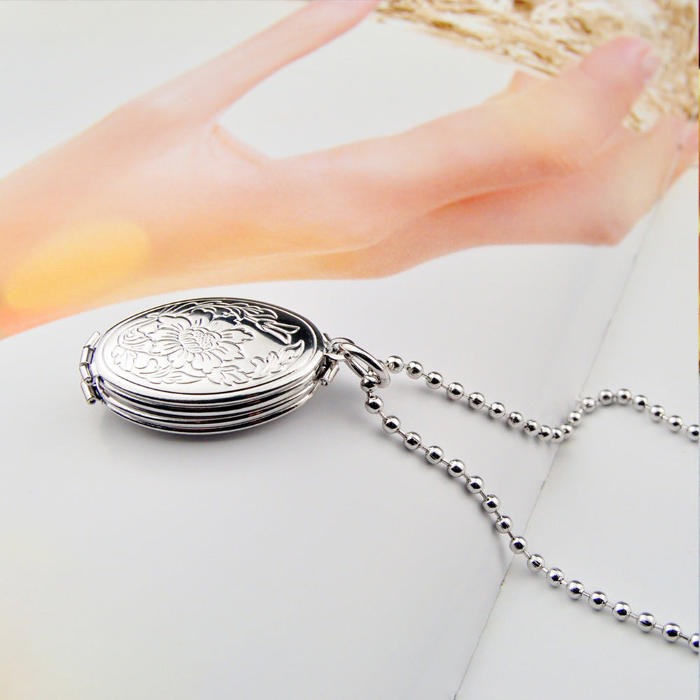 Custom Oval Photo Locket Necklace Expands to Hold 4 Photos with Flower Engraving,Personalized Jewelry for Her