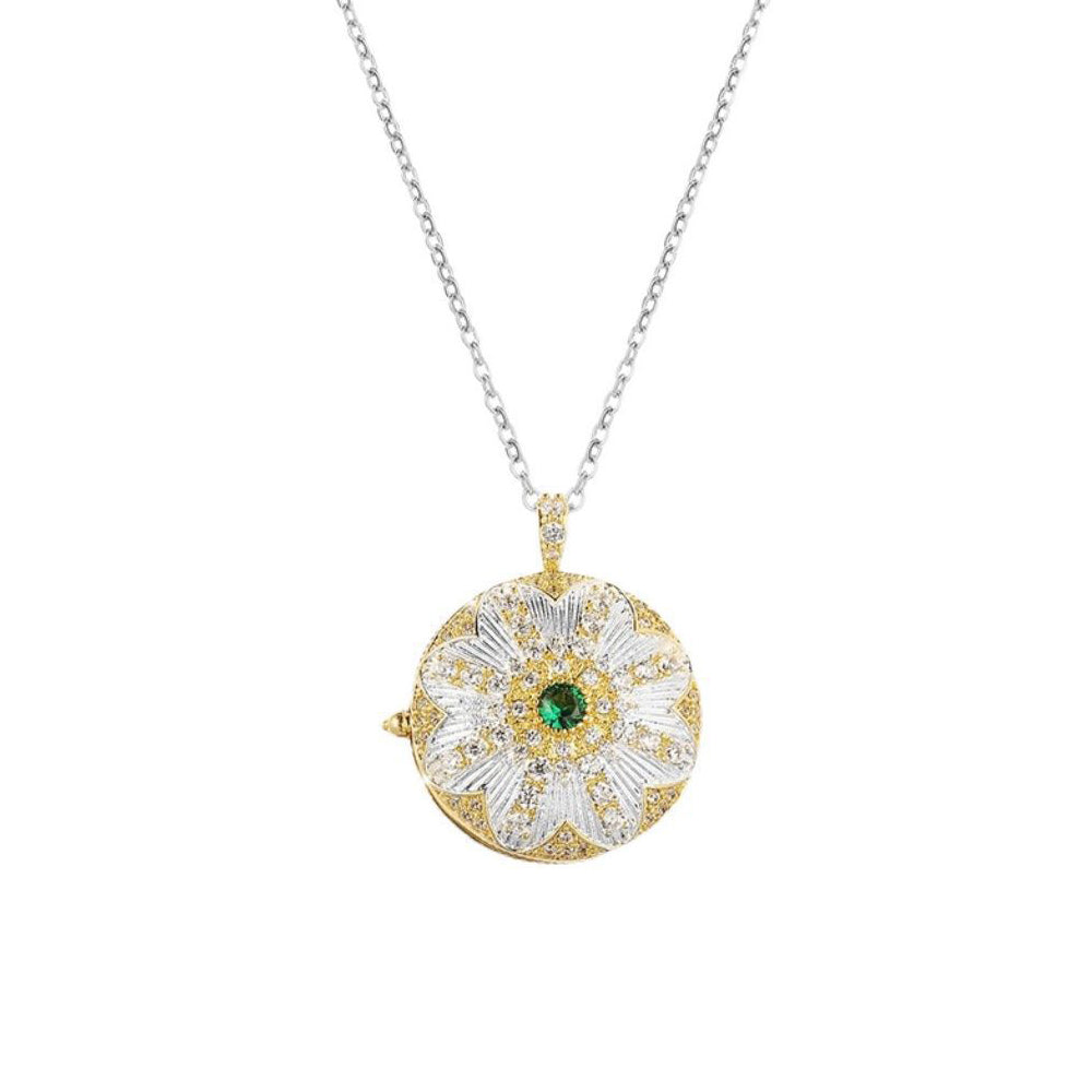 18K Gold Plated Round Photo Locket Necklace - Vintage Sunflower with Zircon, Holds 2 Photos,Elegant Gift for Her