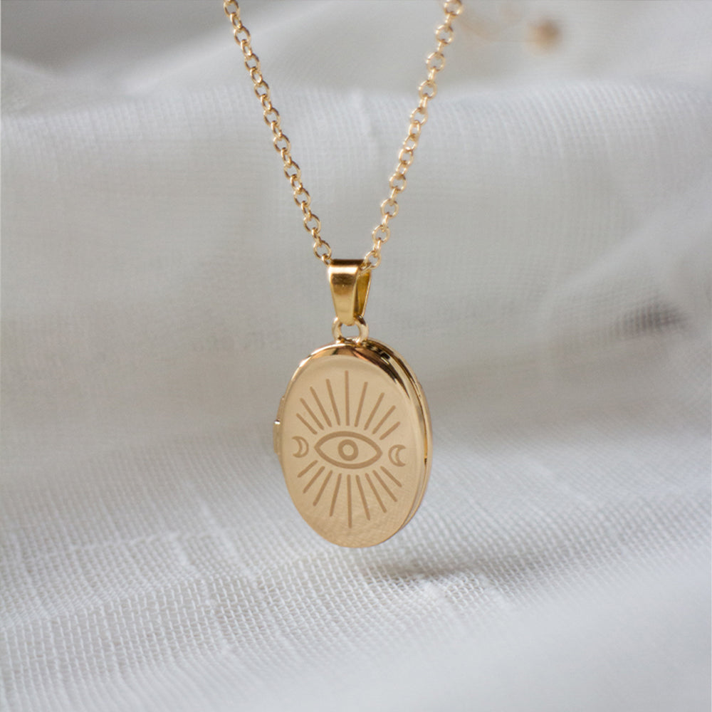 Gold Plated Oval Photo Locket Necklace Custom Photos & Text, Sun Moon Evil Eye,Memory Gifts for Her