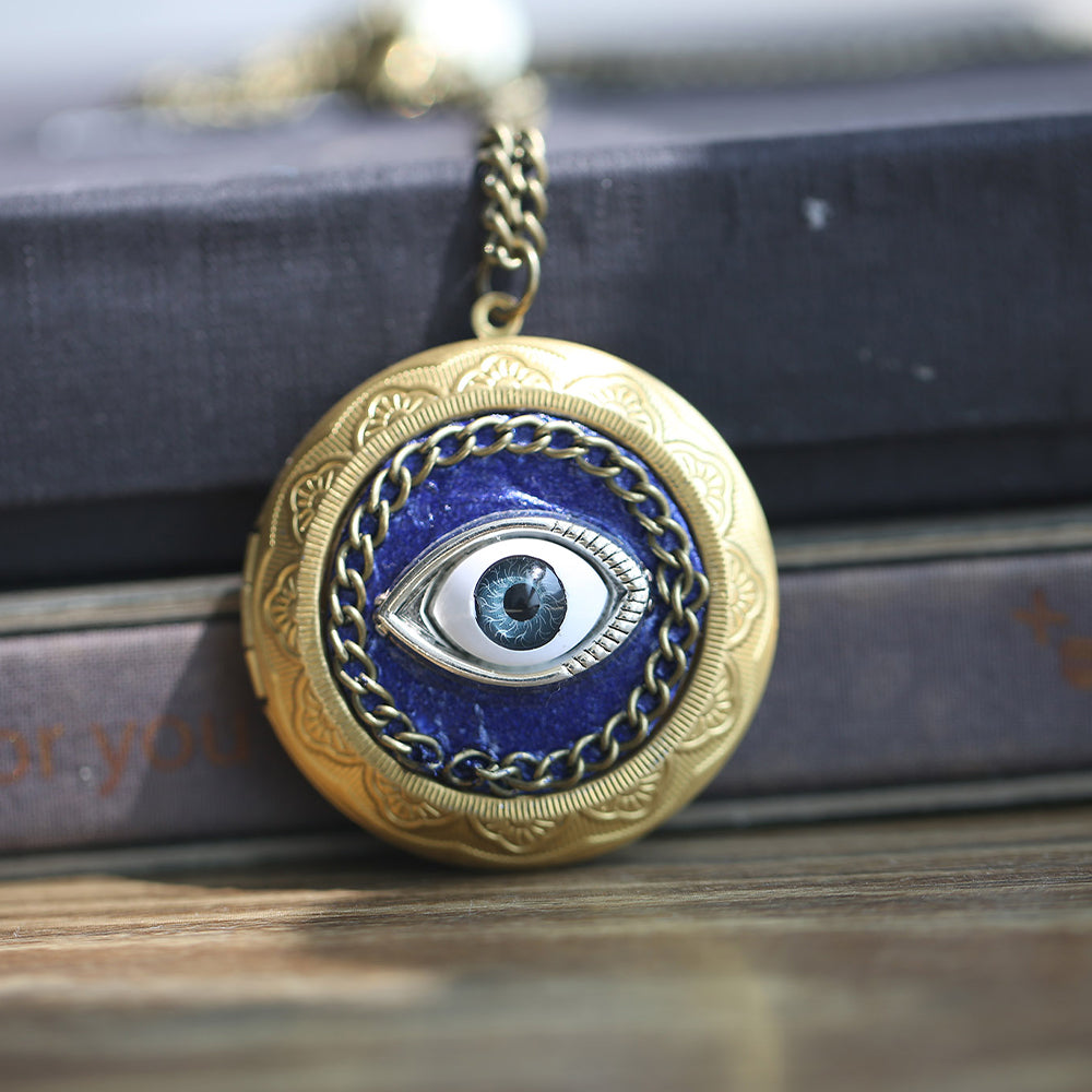 Antique Brass Round Evil Eye Photo Locket Necklace - 3D Design, Custom Photos & Letter Charm - Personalized Punk Gift for Him