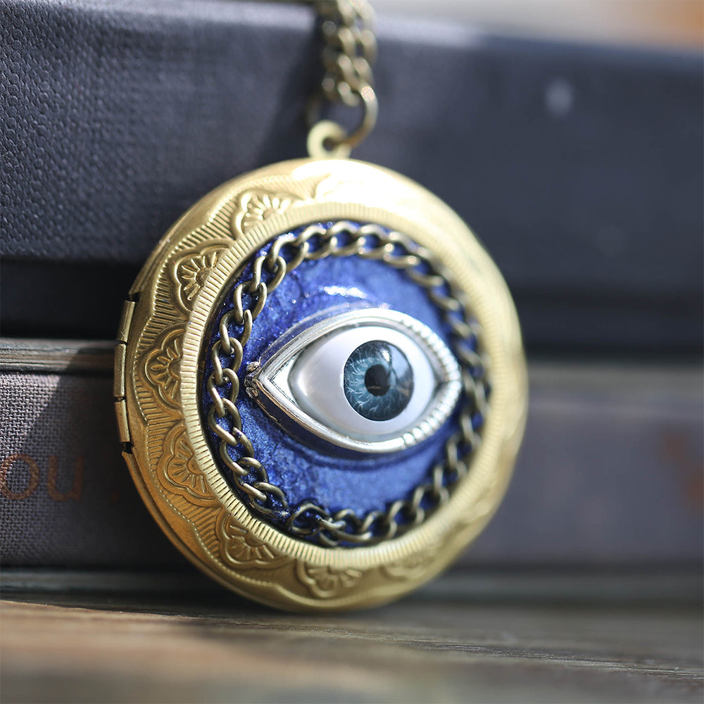 Antique Brass Round Evil Eye Photo Locket Necklace - 3D Design, Custom Photos & Letter Charm - Personalized Punk Gift for Him