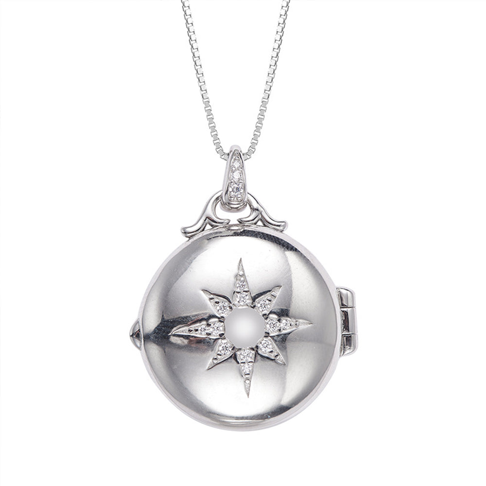 Custom 925 Silver Round Photo Locket Necklace with Eight-pointed Star & Woman's Portrait,Anniversary Gifts for Her