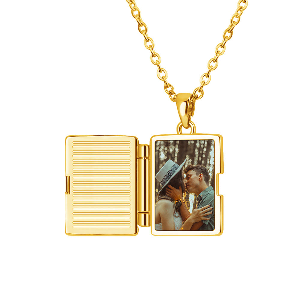 Gold Envelope Photo Locket Necklace,Book-Style Album Pendant, Custom Photo,Valentine's & Christmas Gift for Her