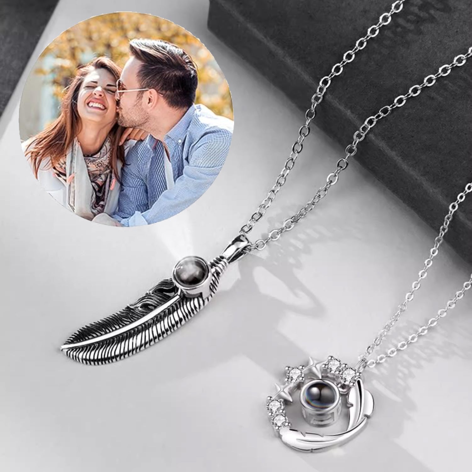 Custom Couple Necklaces with Photo Words Inside - Feather Pendant, Memory Gift for Lover BFF