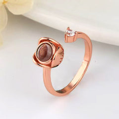 925 Silver Personalized Photo Ring - Open Rose Ring with Picture and Words, Zirconia - Couple Gift